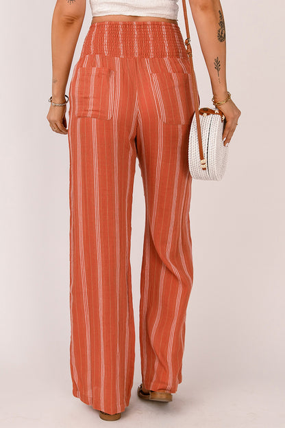 Striped Shirred High Waist Straight Leg Pants