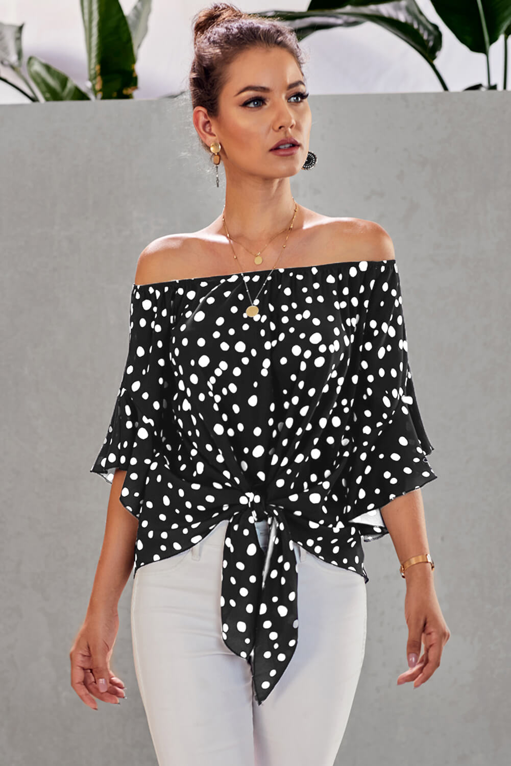 Polka Dot 3/4 Bell Sleeve Off Shoulder Front Tie Knot Top