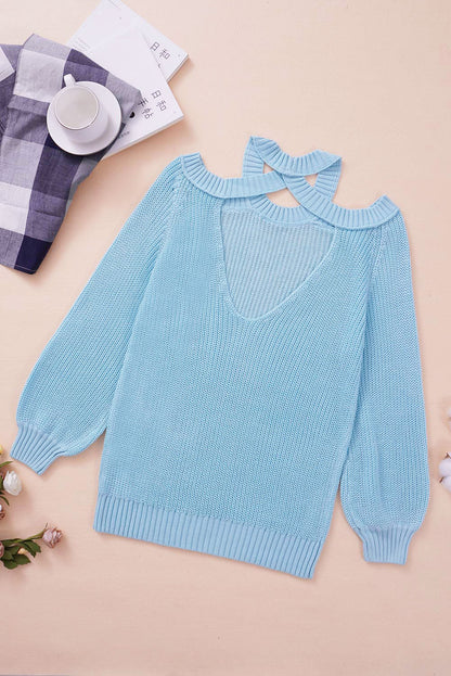 Women's Winter Casual Loose Long Sleeve Solid Color Halter Neck Backless Cross Belt Cold Shoulder Ribbed Knit Swea