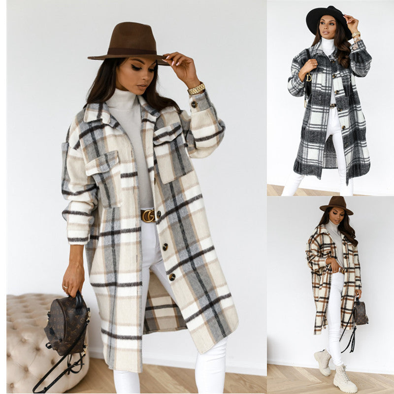 Button Lapel Casual Warm Plaid Long Woollen Shacket