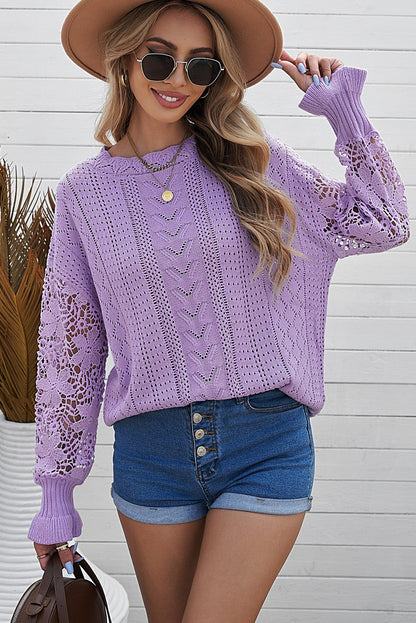 Crochet Lace Pointelle Knit Sweater