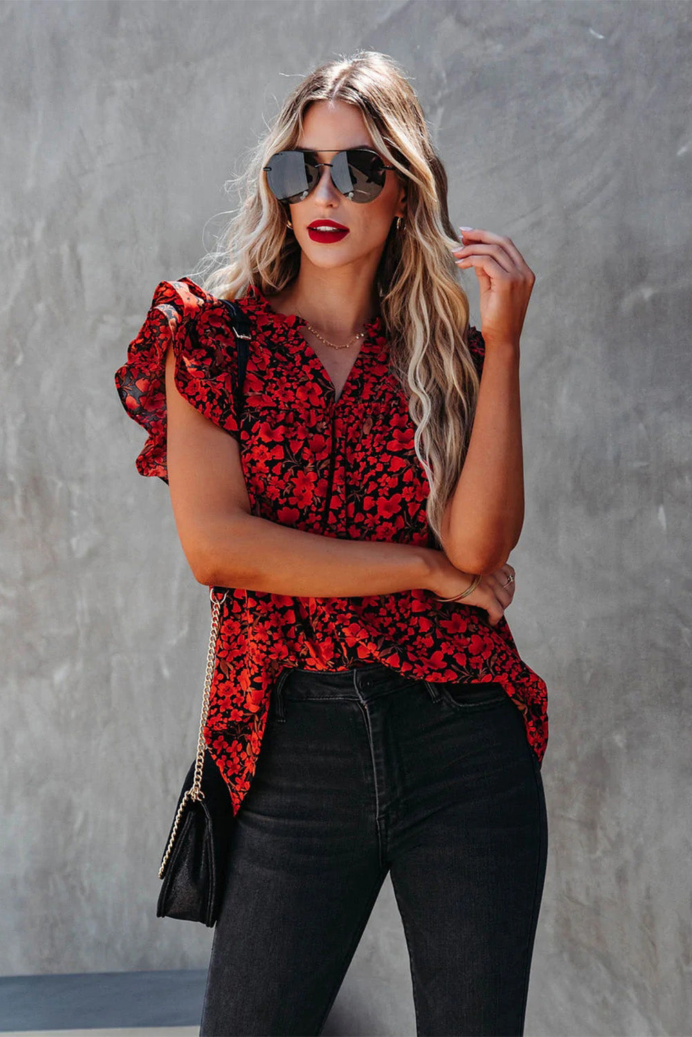 Floral Print Tiered Flutter Sleeve V Neck Top