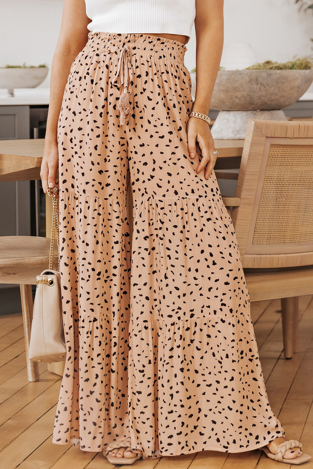 Ruffle Wide Leg Dalmatian Palazzo Pants