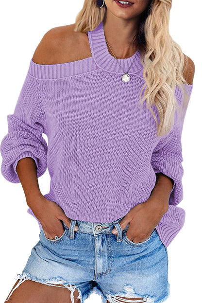 Women's Winter Casual Loose Long Sleeve Solid Color Halter Neck Backless Cross Belt Cold Shoulder Ribbed Knit Swea