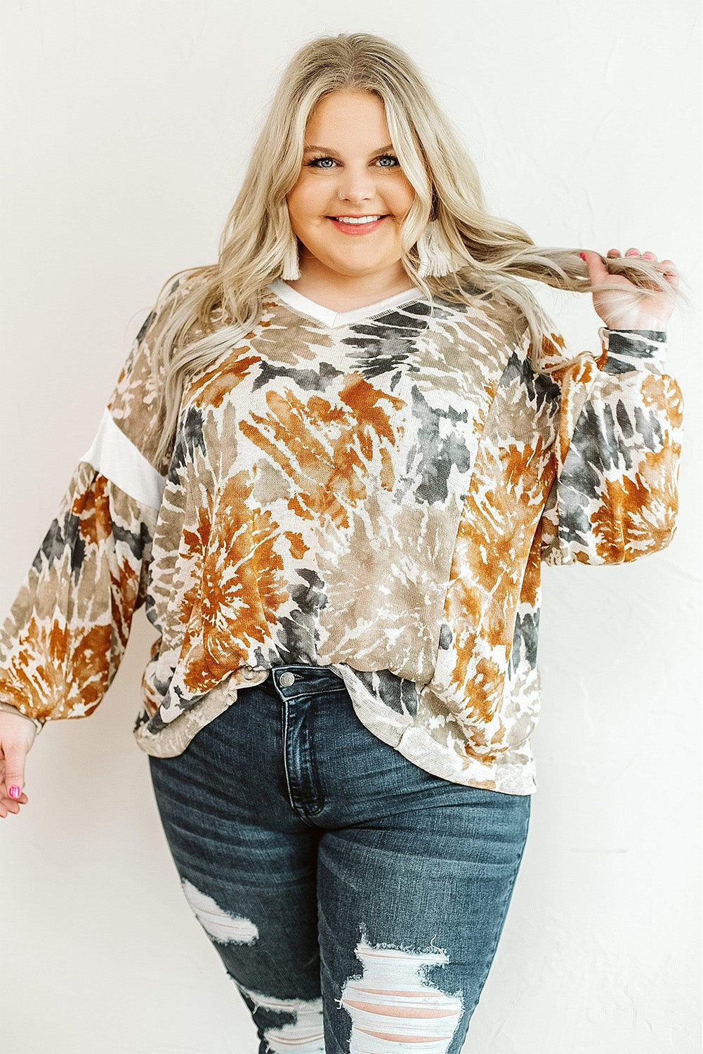 Multicolor Plus Size Tie Dye V Neck Sweatshirt