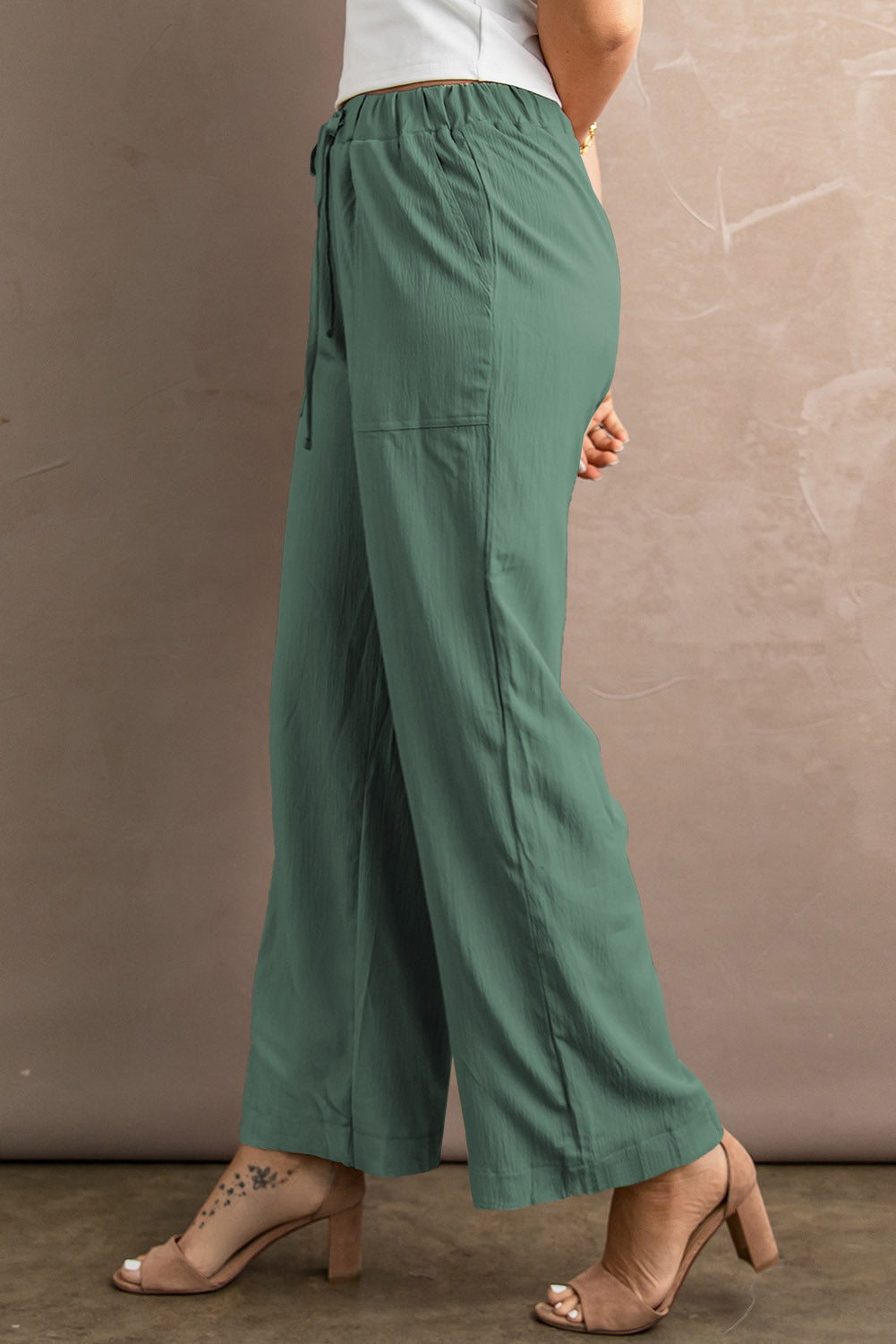 Khaki Drawstring Waist Crinkled Wide Leg Pants