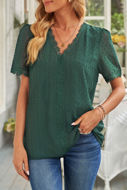 Lace Splicing V-Neck Swiss Dot Short Sleeve Top