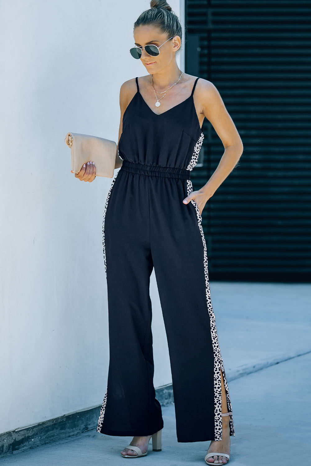 Leopard Patchwork Spaghetti Strap Wide Leg Jumpsuit