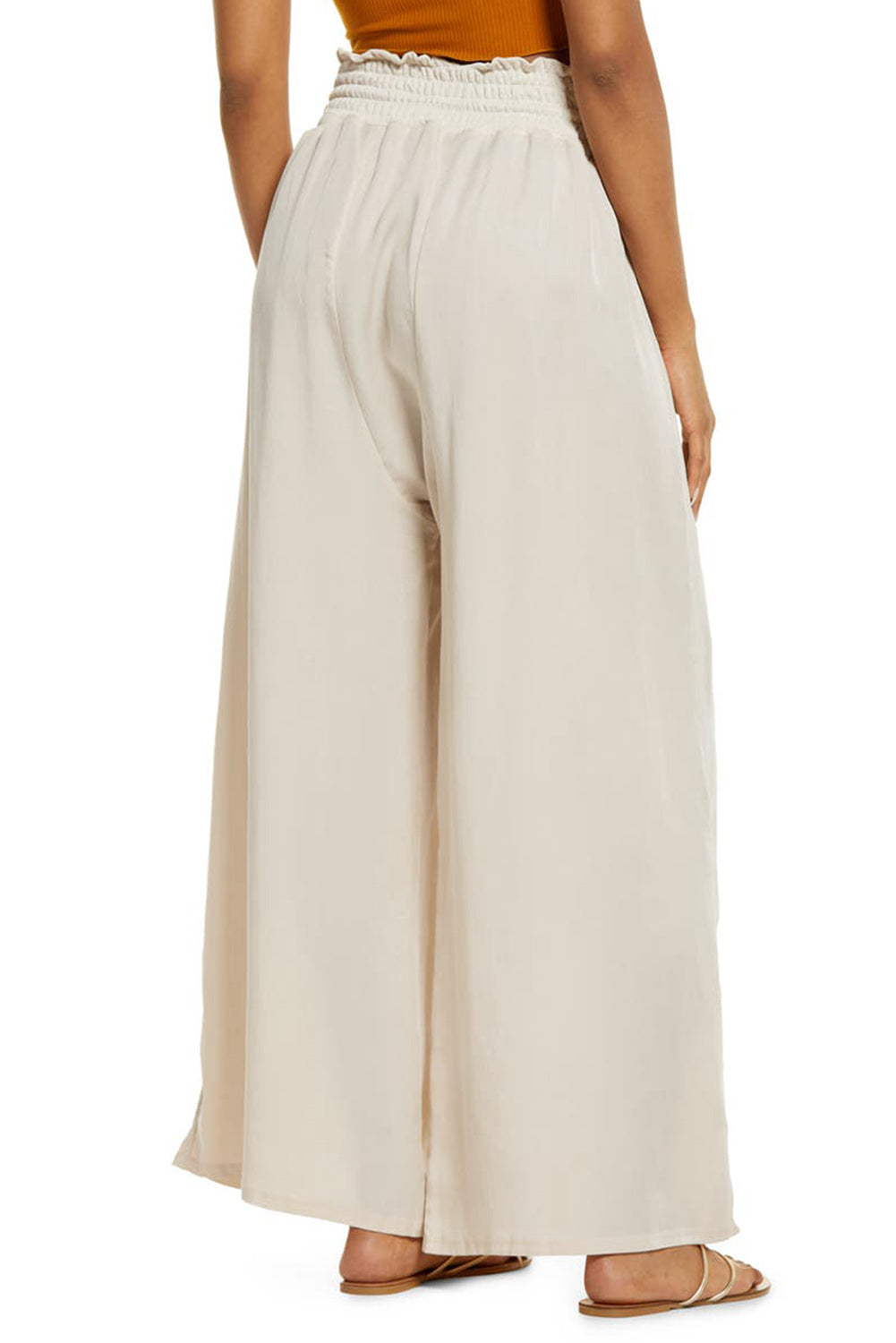 Beige Smocked High Waist Wide Leg Pants