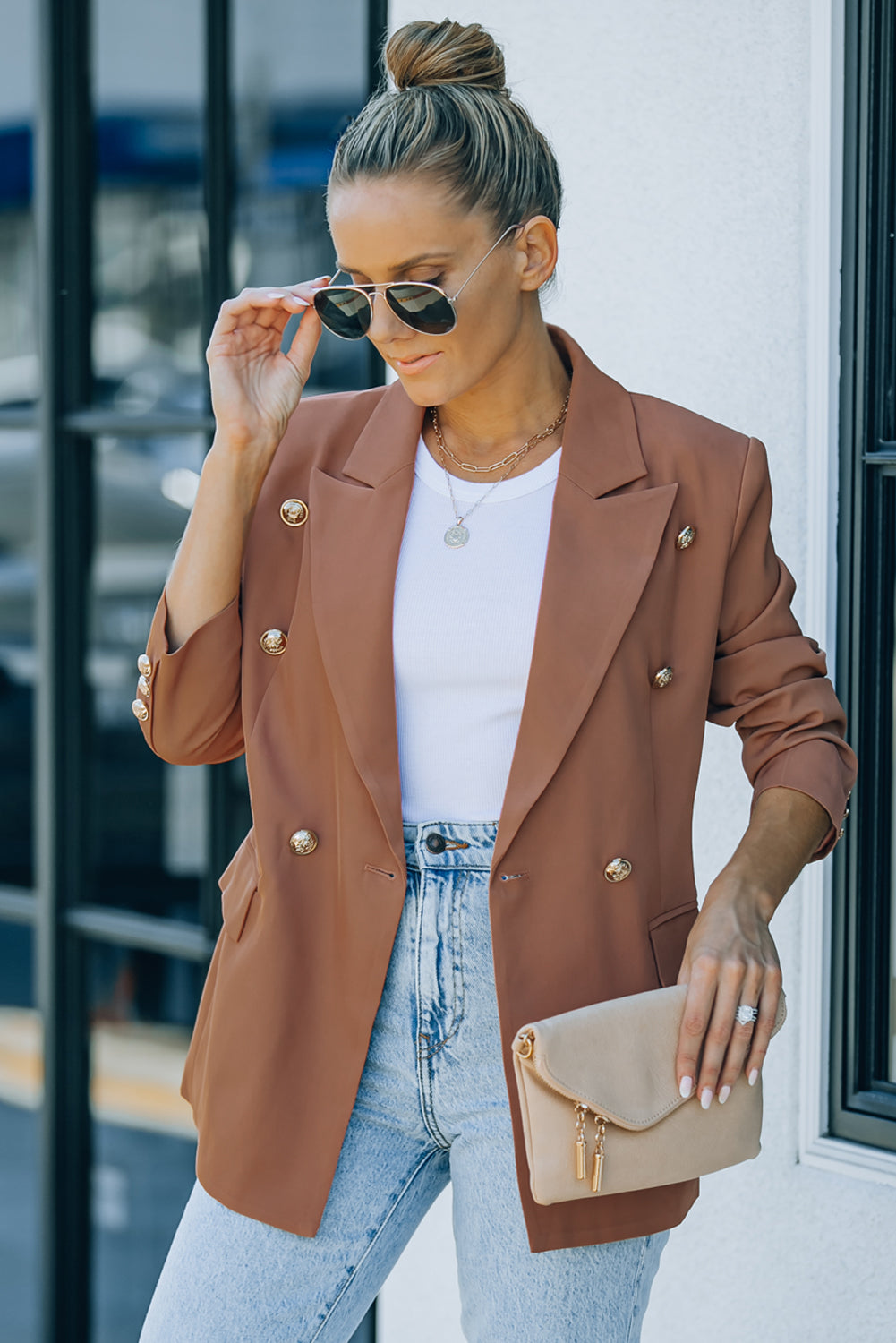 Double Breasted Lapel Long Sleeve Blazer