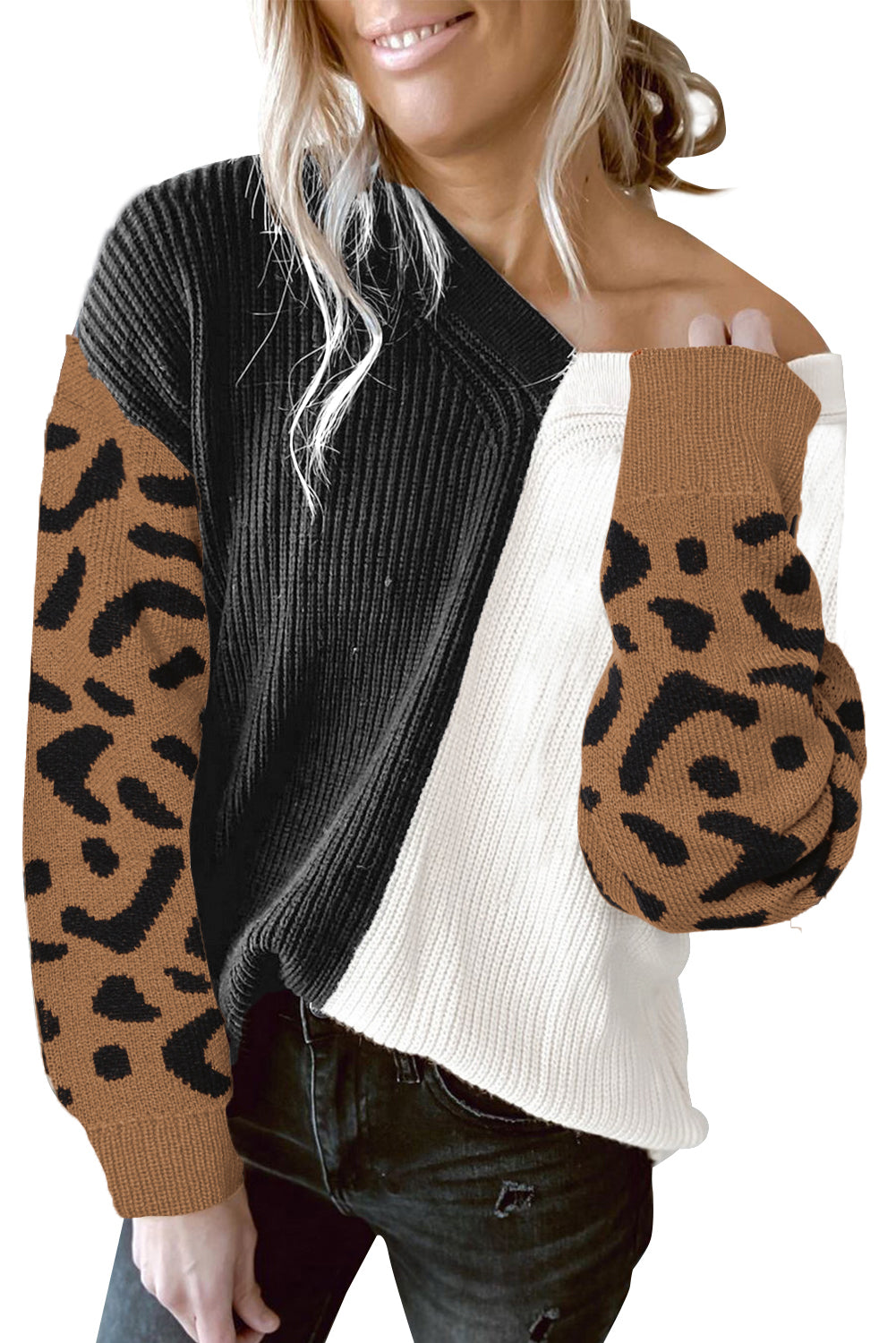 Print Contrast Color V Neck Sweater