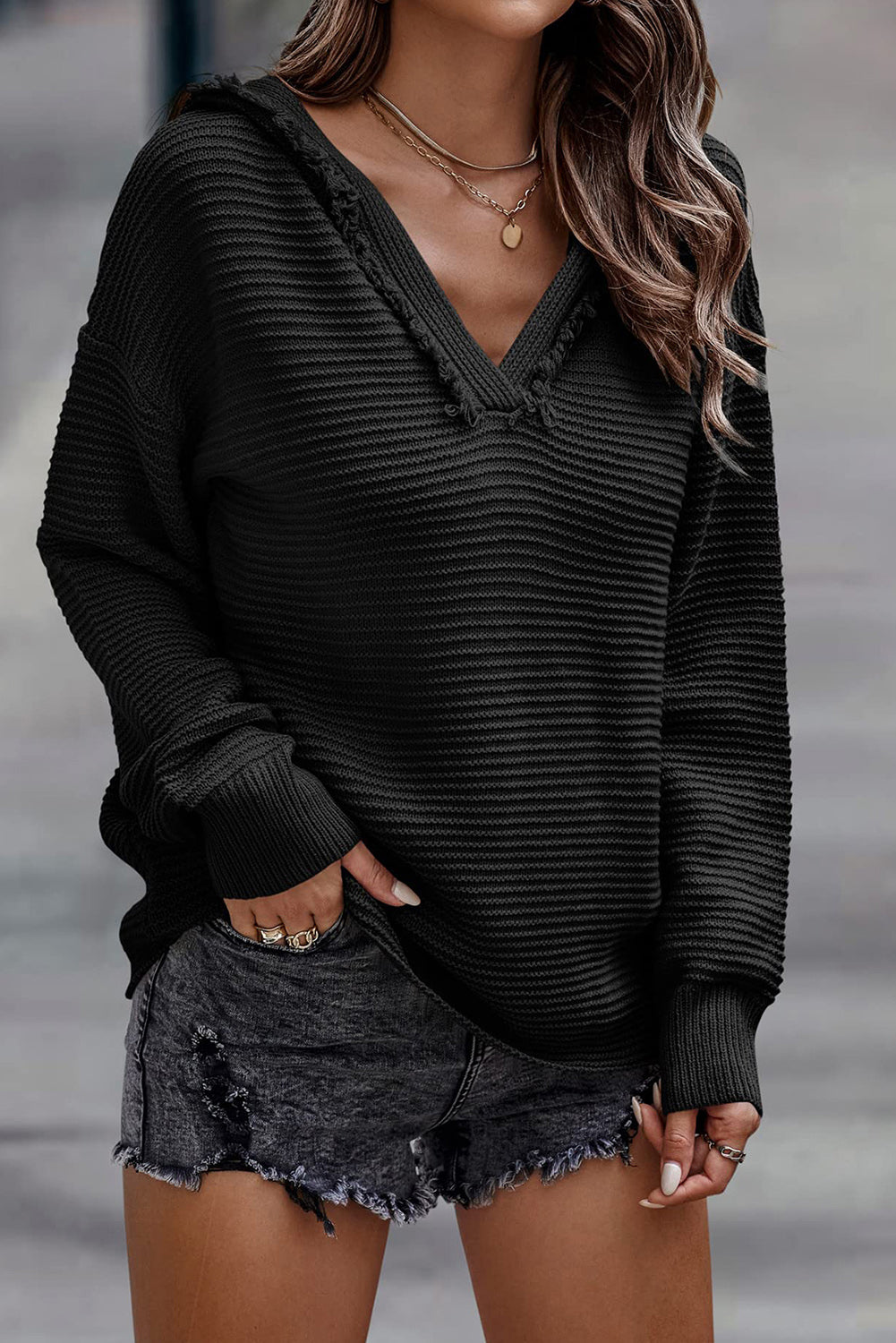 V Neck Ribbed Drop Shoulder Hooded Sweater