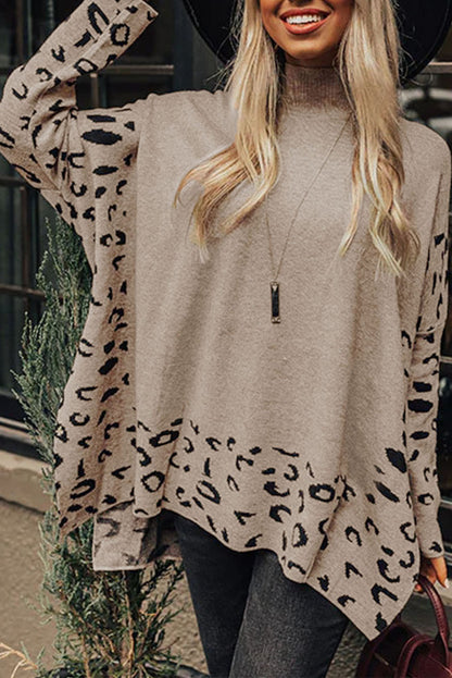 Khaki Leopard High Neck Side Slit Oversized Sweater