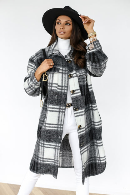 Button Lapel Casual Warm Plaid Long Woollen Shacket