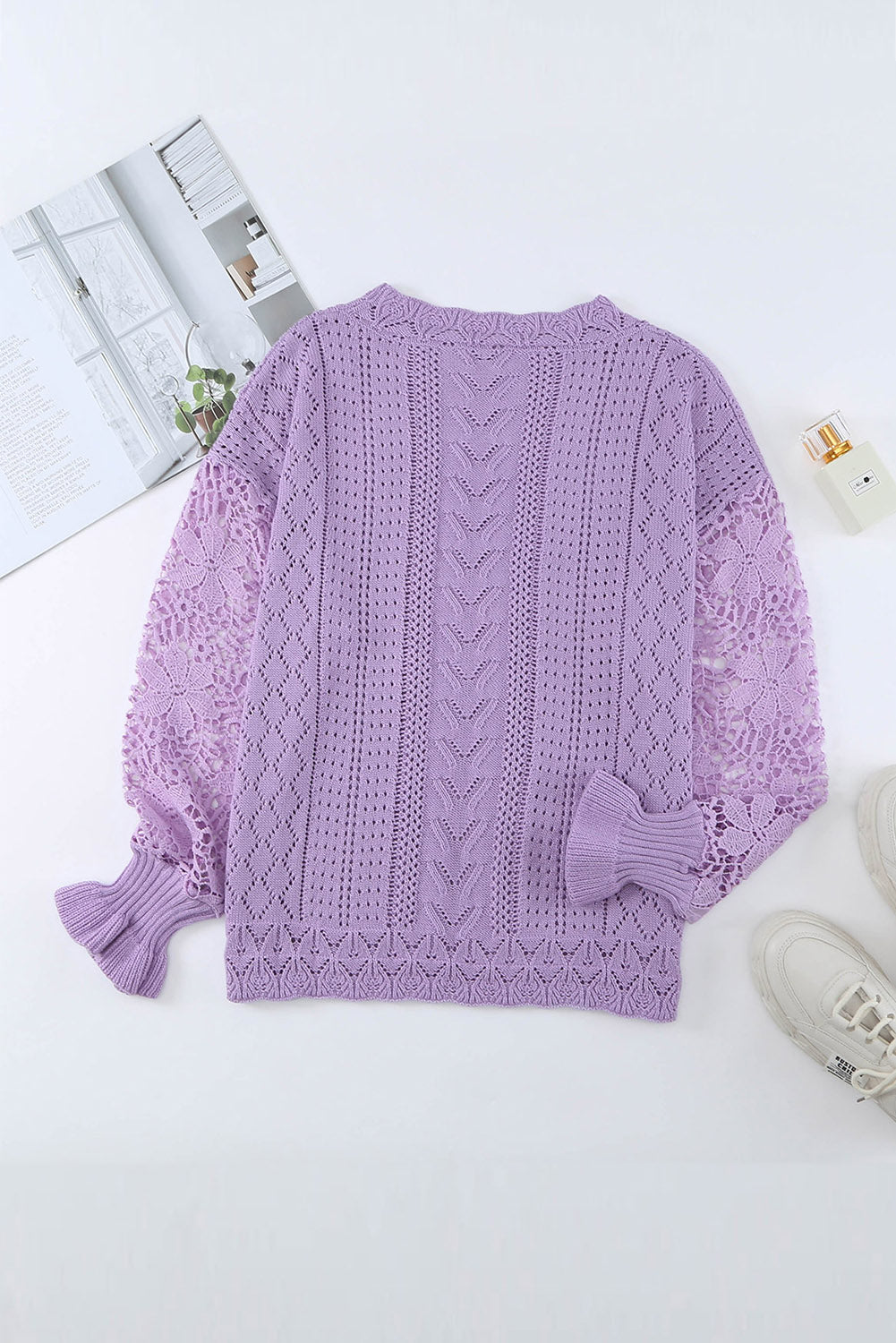 Crochet Lace Pointelle Knit Sweater