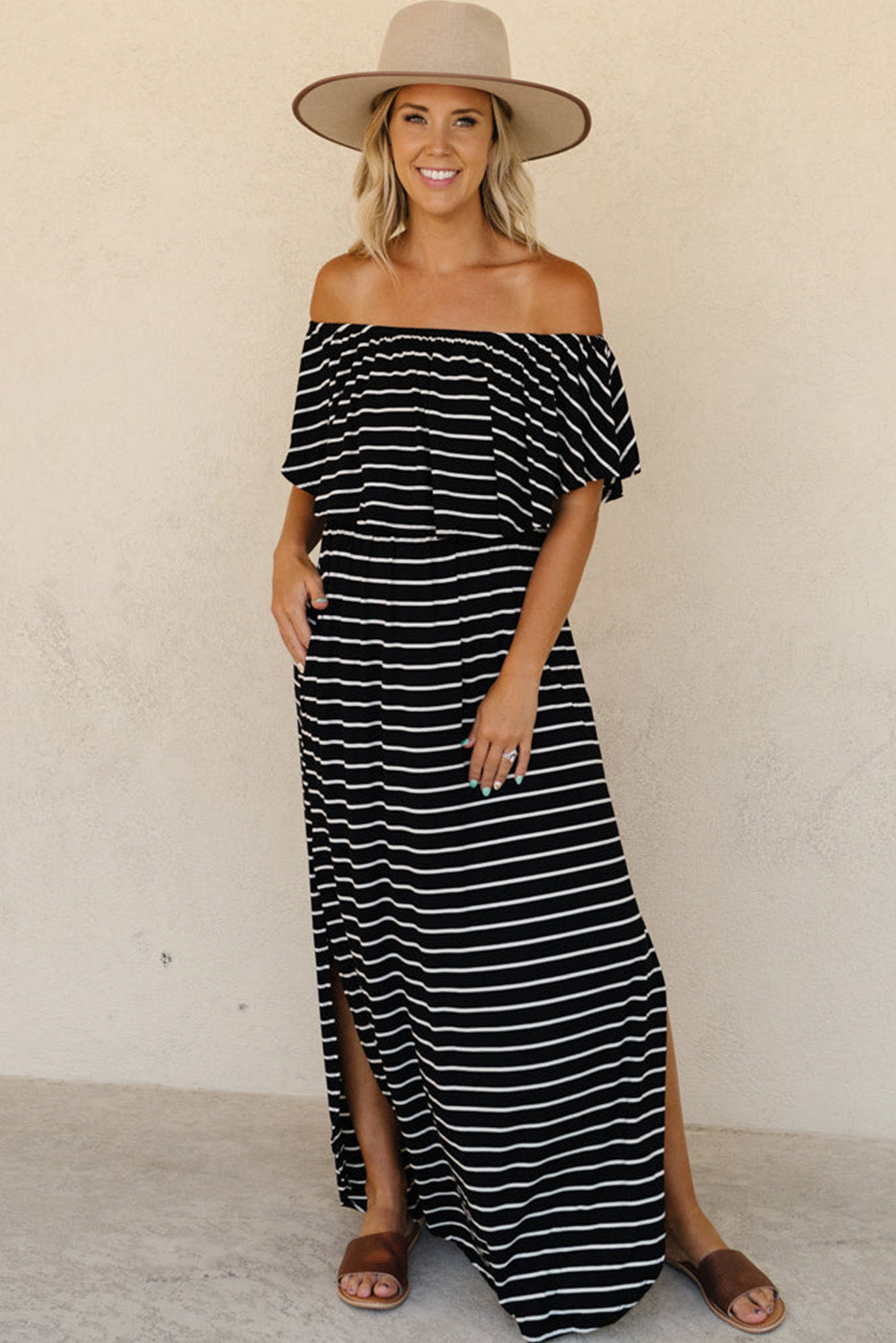 Striped Print Ruffled High Waist Maxi Dress with Side Splits