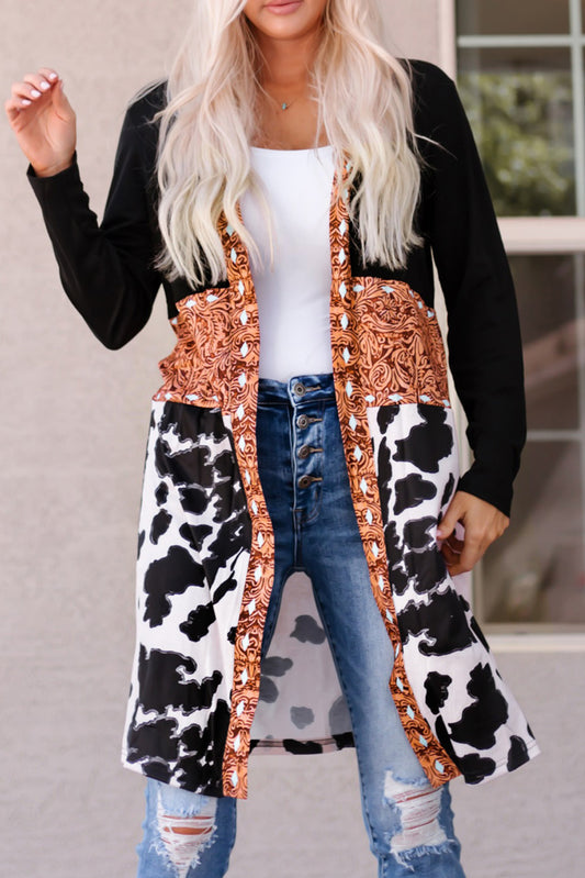 Western Pattern Cow Patchwork Open Front Cardigan