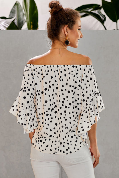 Polka Dot 3/4 Bell Sleeve Off Shoulder Front Tie Knot Top