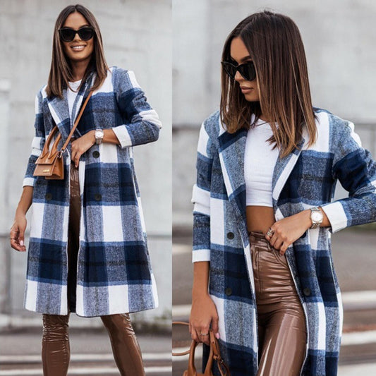 Mid-length Plaid Print Coat