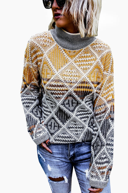 High Neck Geometric Colorblock Sweater