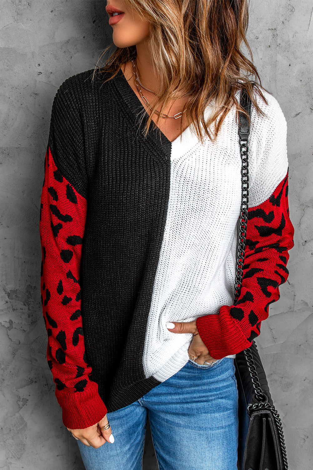 Print Contrast Color V Neck Sweater