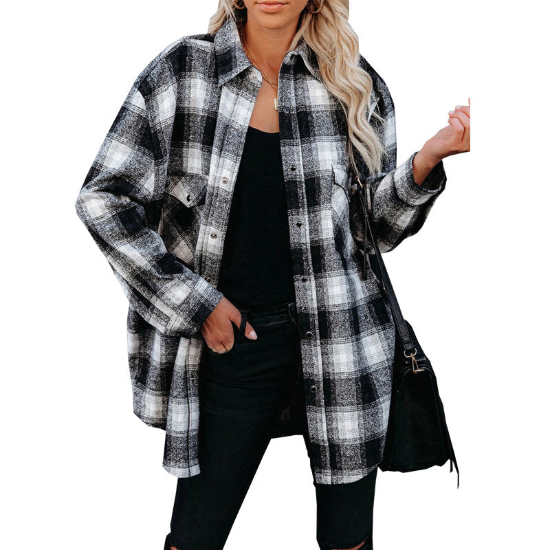 Plaid  Loose Blouse With Turndown Collar