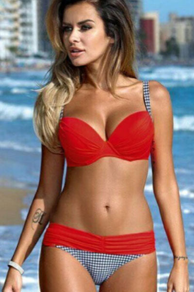 Sexy Red Padded Gather Push-up Bikini Set