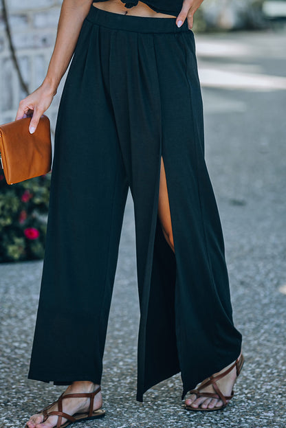 Side Slit Wide Leg Mid Waist Pants