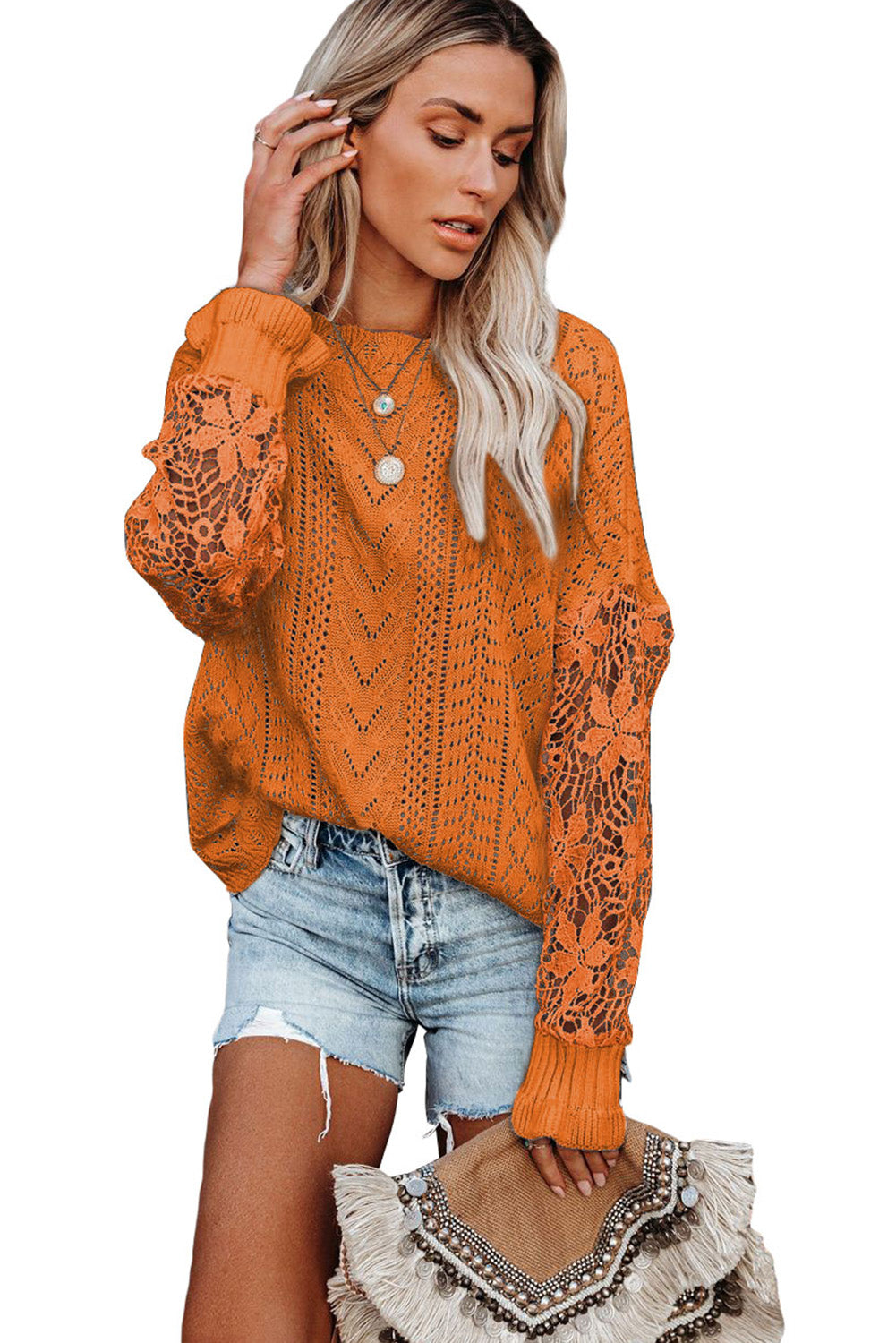 Crochet Lace Pointelle Knit Sweater