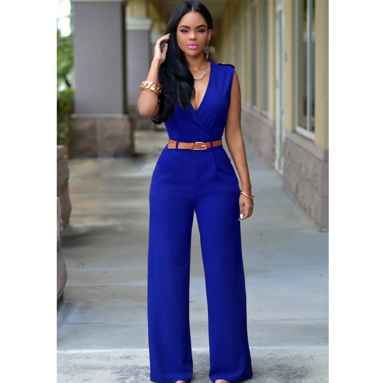 High Waist V-neck Wide-leg Pants Irregular Jumpsuituit With Belt