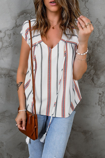 Striped Print Loose V Neck Short Sleeve Top