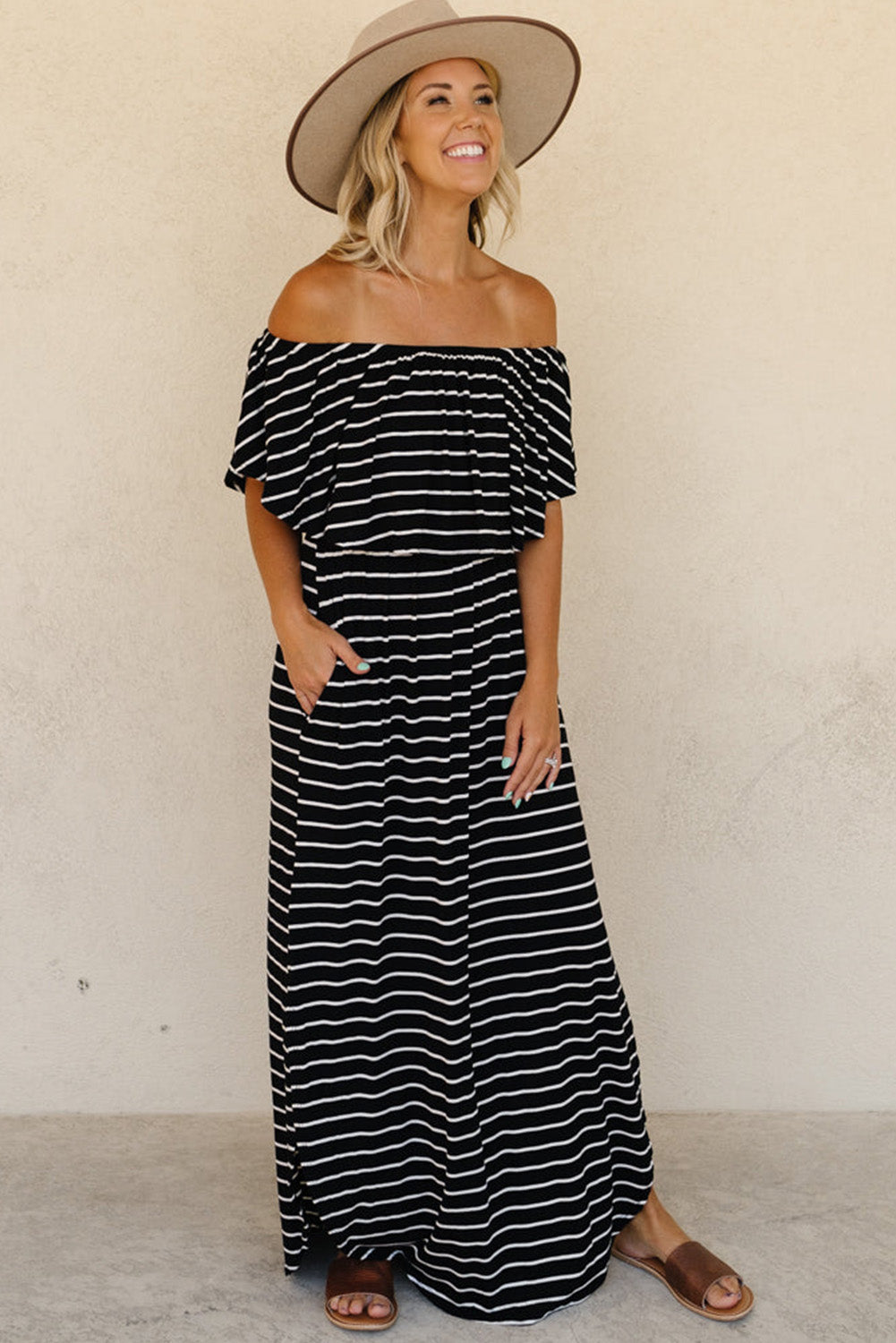 Striped Print Ruffled High Waist Maxi Dress with Side Splits