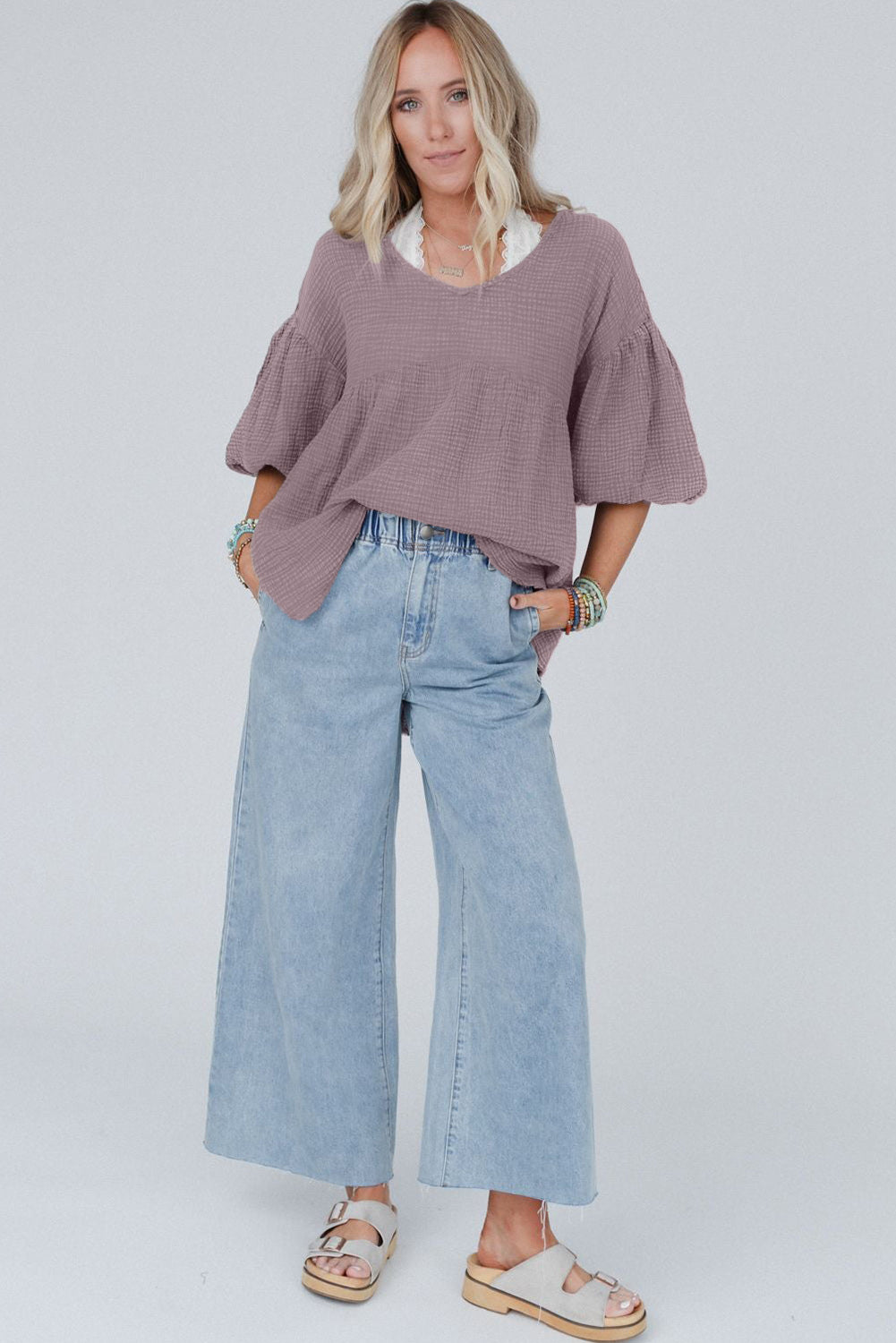 Textured Bubble Sleeves Top