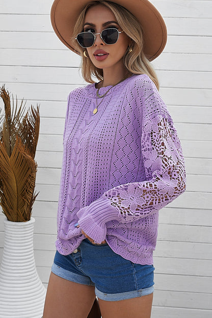 Crochet Lace Pointelle Knit Sweater