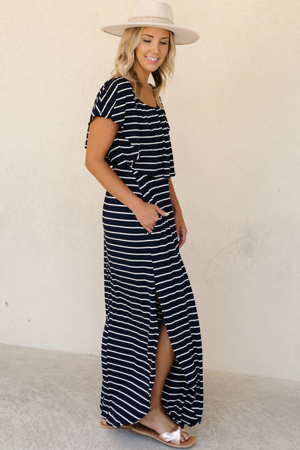 Striped Print Ruffled High Waist Maxi Dress with Side Splits