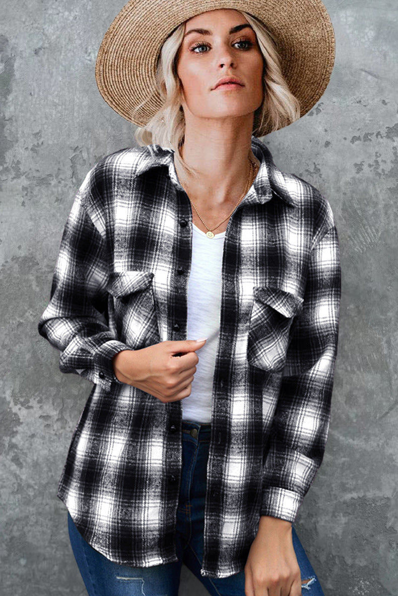 Plaid  Loose Blouse With Turndown Collar