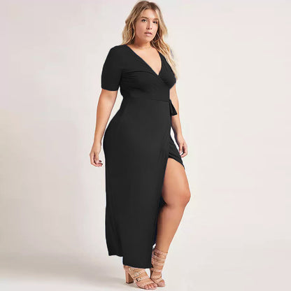 Sexy V-Neck Short-Sleeved Long Dress With Strappy Slit