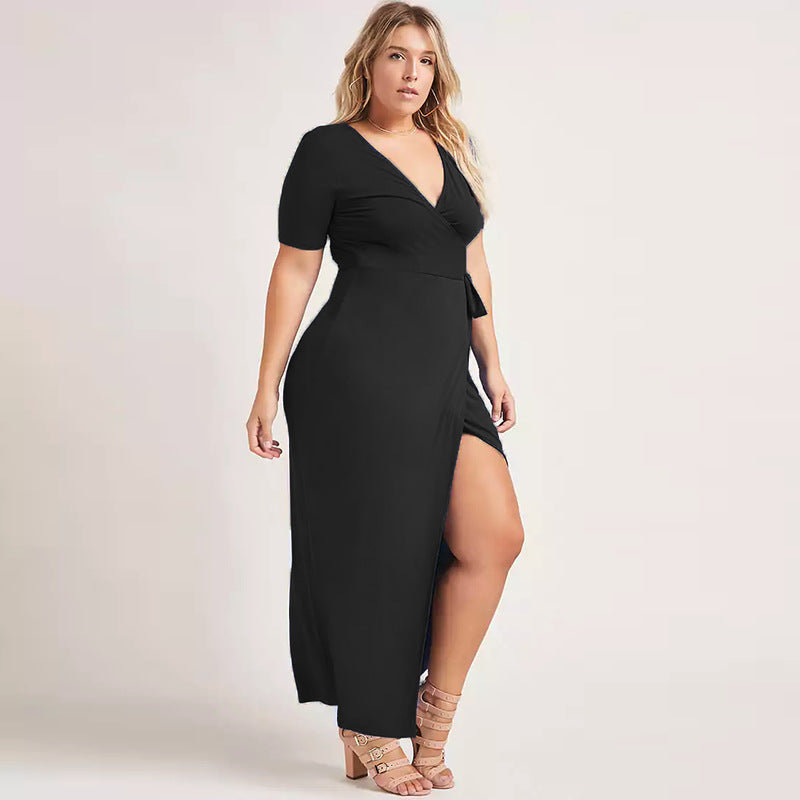 Sexy V-Neck Short-Sleeved Long Dress With Strappy Slit