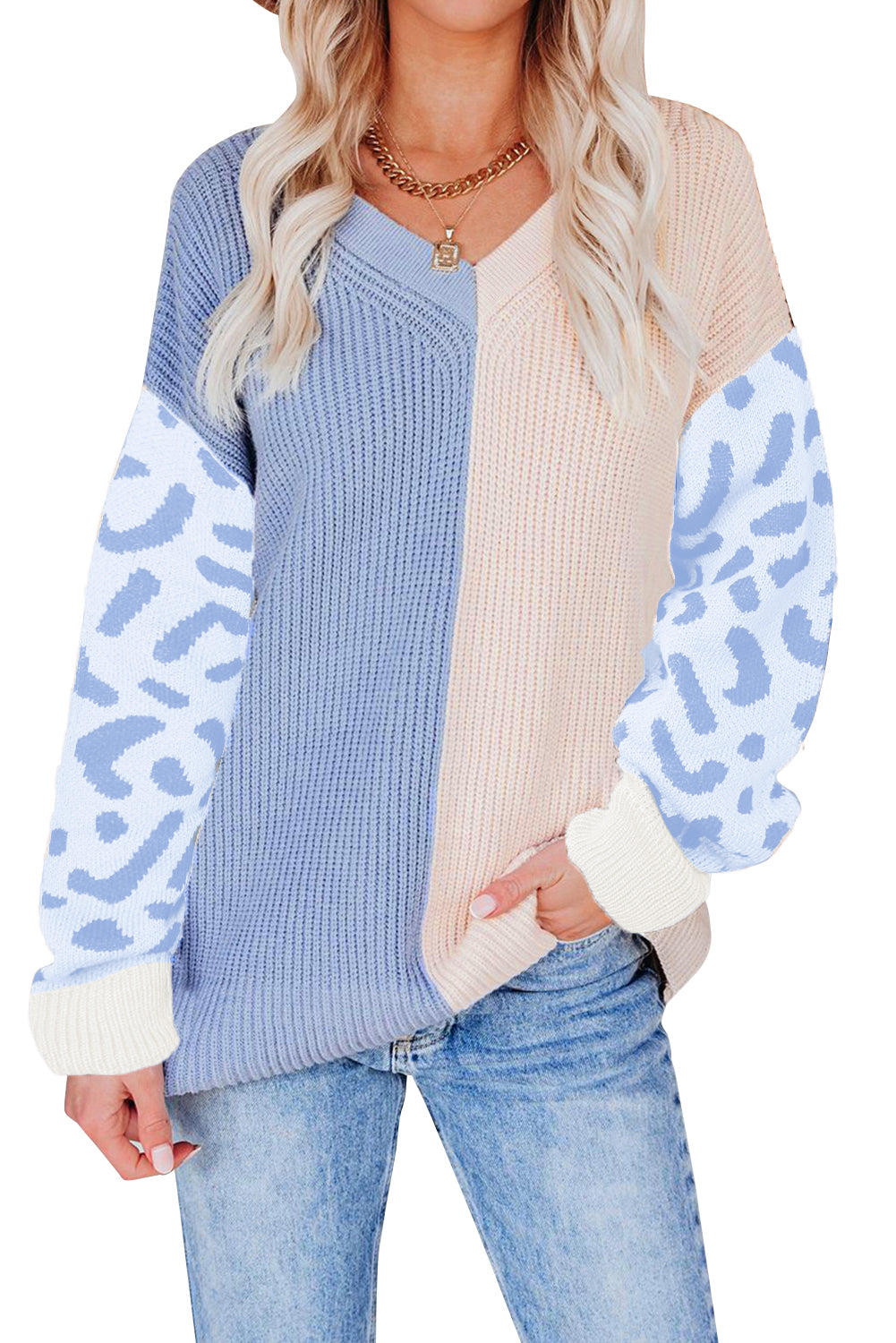 Print Contrast Color V Neck Sweater