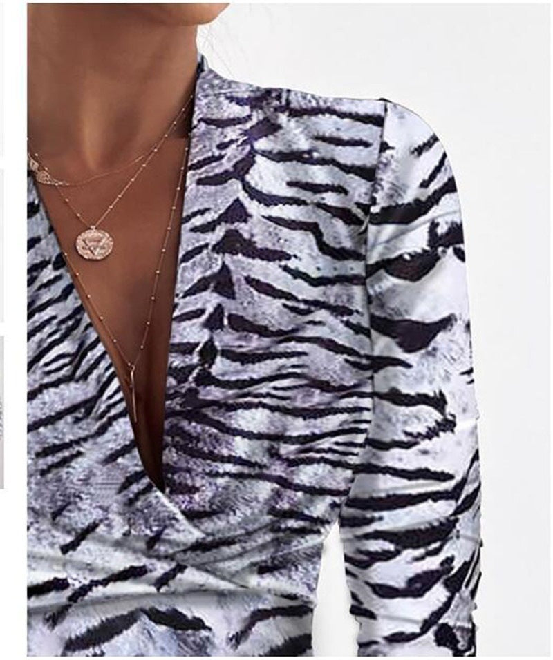 Sexy Long Sleeve V-neck Leopard Print Ladies Blouse