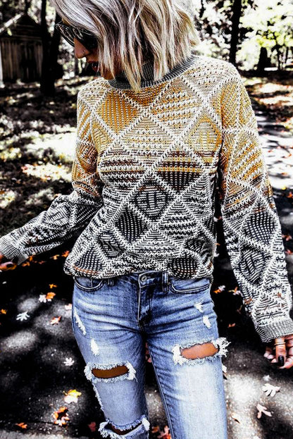 High Neck Geometric Colorblock Sweater