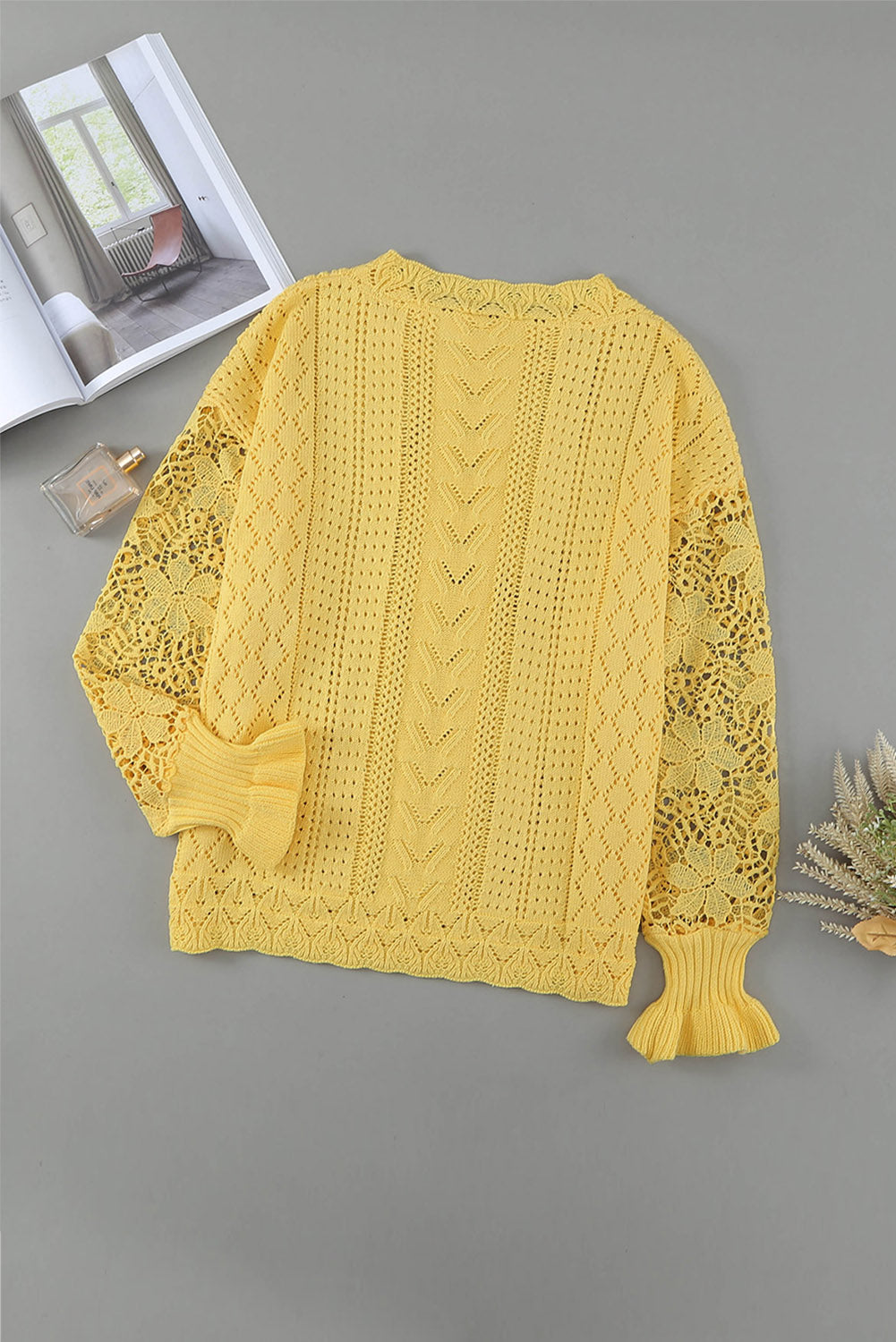 Crochet Lace Pointelle Knit Sweater