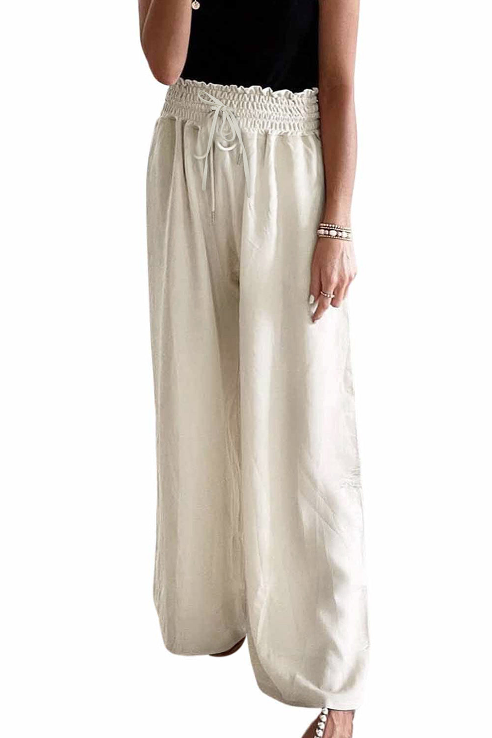 Beige Smocked High Waist Wide Leg Pants