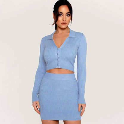 Knitted V-neck Slim-fit Long Sleeve Miniskirt Two-piece Set Suit