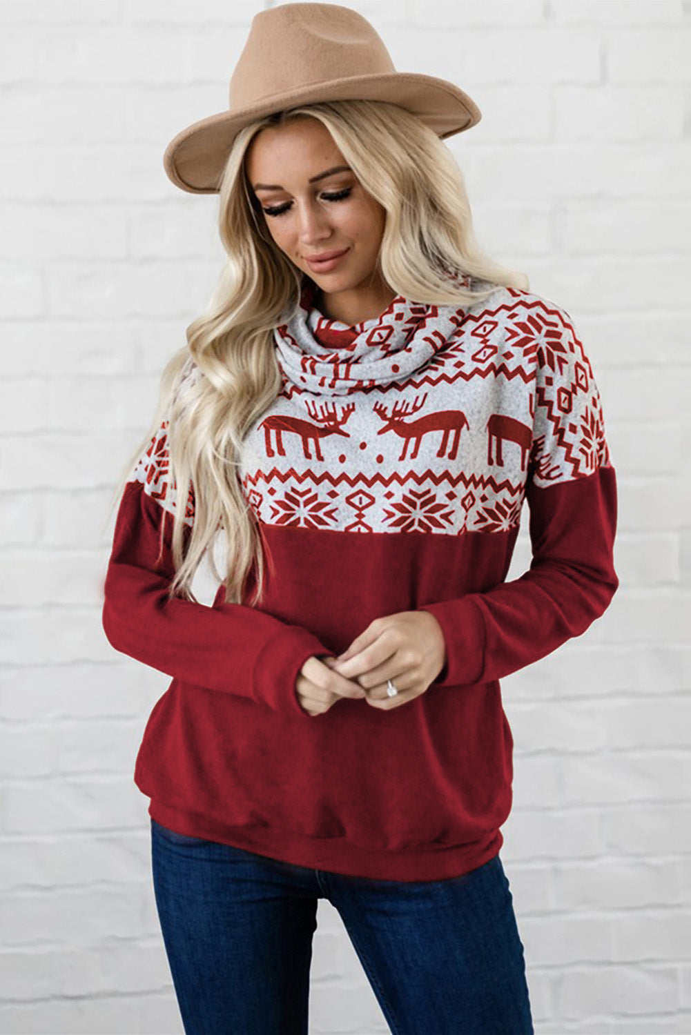 Black/Burgundy/Green Christmas Elk Print Cowl Neck Knit Top