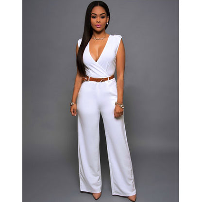 High Waist V-neck Wide-leg Pants Irregular Jumpsuituit With Belt