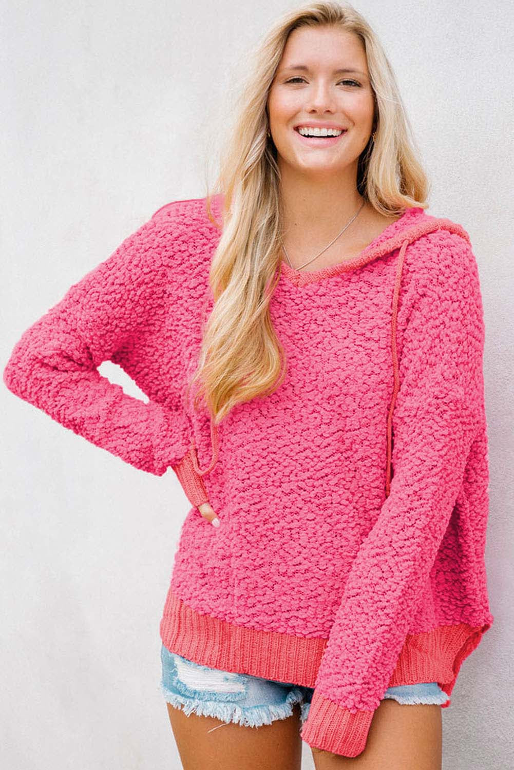 Loose Popcorn Textured Hooded Sweater