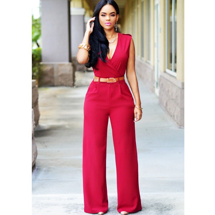 High Waist V-neck Wide-leg Pants Irregular Jumpsuituit With Belt