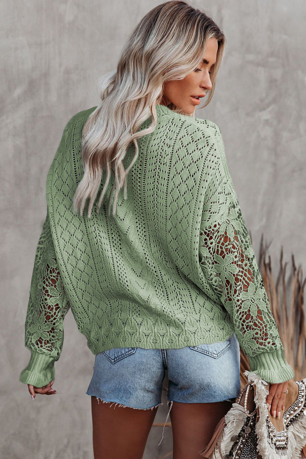 Crochet Lace Pointelle Knit Sweater