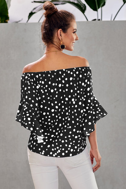 Polka Dot 3/4 Bell Sleeve Off Shoulder Front Tie Knot Top